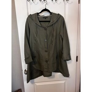 FOR CYNTHIA Linen Blend Hooded Button Front Tunic Jacket Olive Green Size L